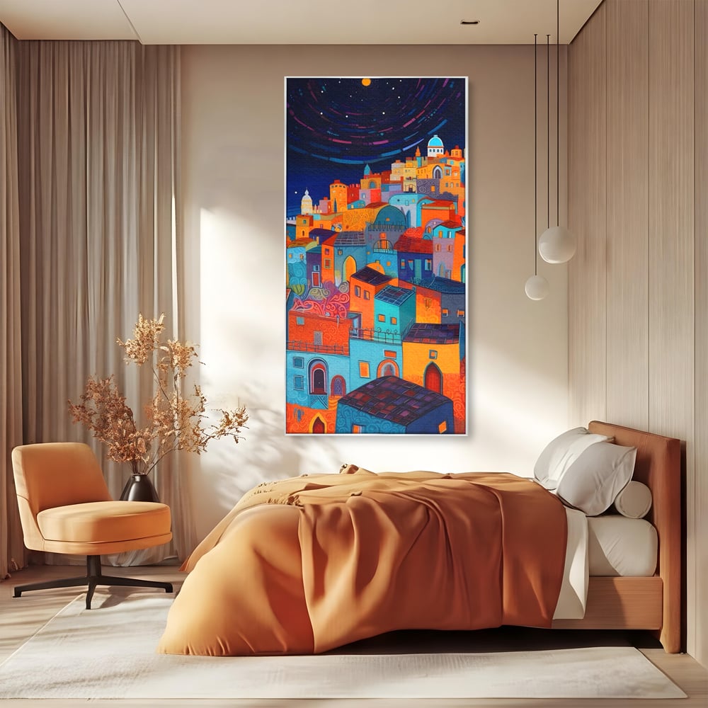 Tablou canvas cu tablou canvas cu oras colorat si cer instelat, in rama de aluminiu argintiu, pe perete intr-un dormitor